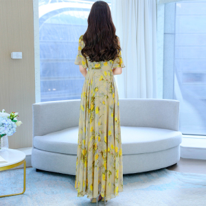 RM17490#夏季连衣裙高级感新款气质洋气修身遮肉黄色雪纺碎花裙子