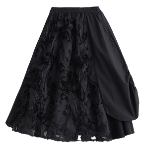 RM14120#夏季新款文艺暗黑设计不规则立体花纹拼接褶皱百搭半身裙