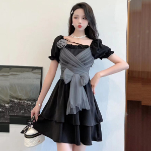 Real shoot of the new French style bubble sleeved dress， women's summer bow tie， waist stitching， mesh， foreign style， a