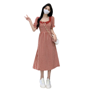 TR37131# 大码胖MM法式设计感撞色方领格子收腰显瘦中长款连衣裙 服装批发女装批发服饰货源