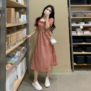TR37131# 大码胖MM法式设计感撞色方领格子收腰显瘦中长款连衣裙 服装批发女装批发服饰货源
