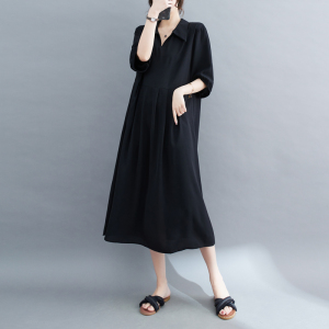 RM14013#大码女装小黑裙宽松显瘦连衣裙夏装过膝短袖雪纺衬衫长裙子