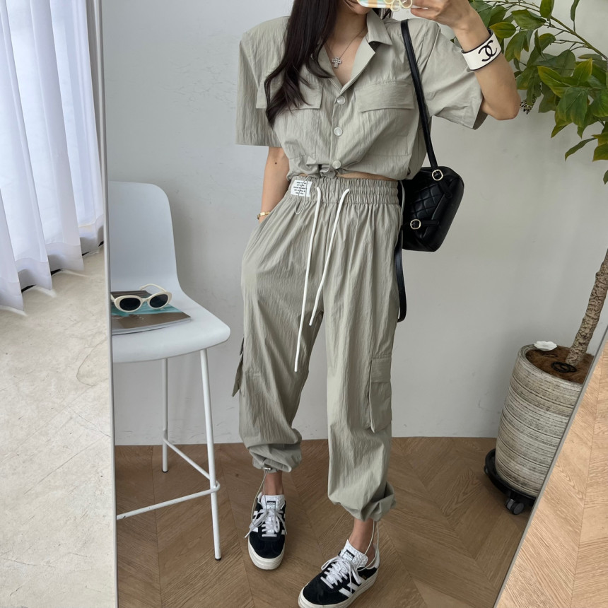 Original solid color shirt top + elastic waist and ankle overalls two-piece set