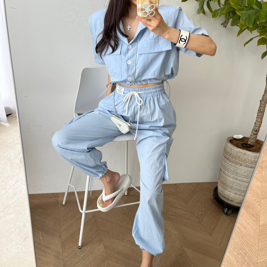 Original solid color shirt top + elastic waist and ankle overalls two-piece set