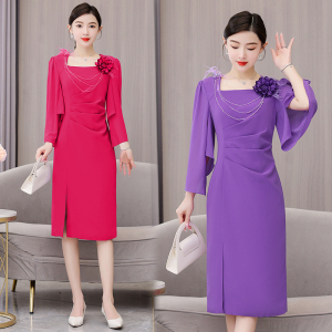 RM15264#名媛气质连衣裙2023夏季新款绝美紫色修身显瘦纱袖包臀裙