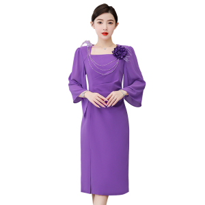 RM15264#名媛气质连衣裙2023夏季新款绝美紫色修身显瘦纱袖包臀裙