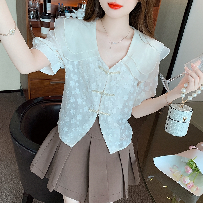 娃娃領刺繡蕾絲襯衫短袖女夏季2026歐貨重工小衫韓系超仙甜美上衣