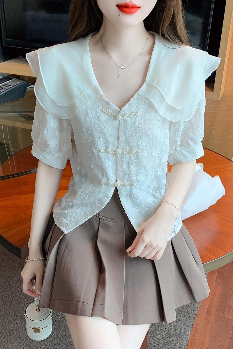 娃娃領刺繡蕾絲襯衫短袖女夏季2026歐貨重工小衫韓系超仙甜美上衣