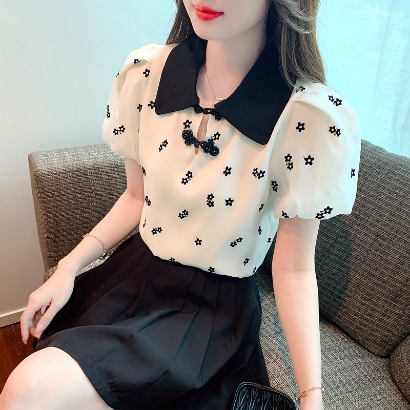 撿漏專柜商場韓版女裝植絨碎花短袖雪紡衫中式盤扣小衫時髦上衣