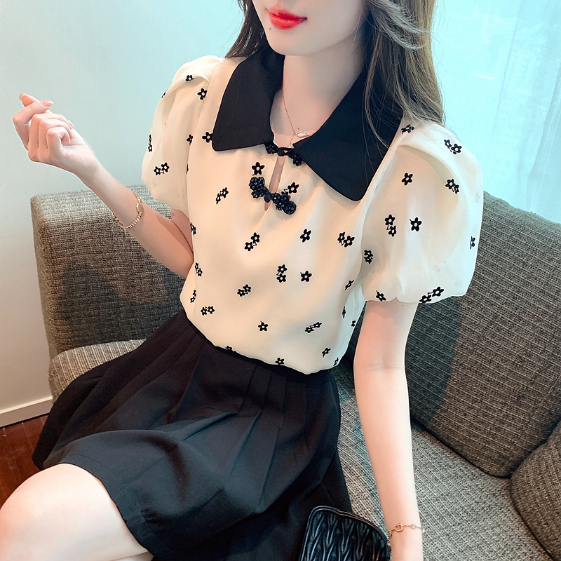 撿漏專柜商場韓版女裝植絨碎花短袖雪紡衫中式盤扣小衫時髦上衣