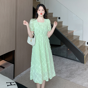 RM15253#茶歇法式短袖绿色碎花连衣裙女夏收腰长款甜美初恋仙气