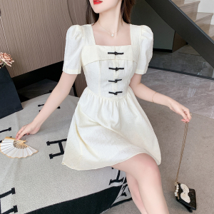 RM14953#夏季新款提花时尚方领气质新中式复古珍珠甜美减龄连衣裙