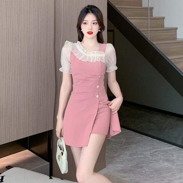 RM13270#夏季新款荷叶边设计感小众修身时尚甜美连衣裙短裤两件套