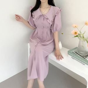 TR31733# 韩国chic法式气质木耳边娃娃领收腰绑带显瘦连衣裙