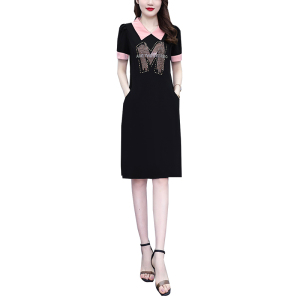 RM13013#大码女装2023夏季新款韩版气质减龄显瘦烫钻时尚连衣裙