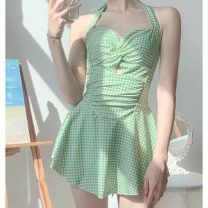 RM14715#新款夏季挂脖格子裙式连体泳衣女夏网红风仙女风保守遮肚泳装