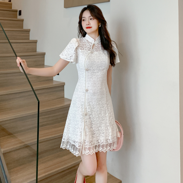 RM13114#夏季新款新中式复古改良旗袍名媛气质显瘦短款蕾丝连衣裙