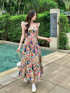 RM14391#夏季新款彩色碎花无袖一字肩法式茶歇海边度假仙女款连衣裙