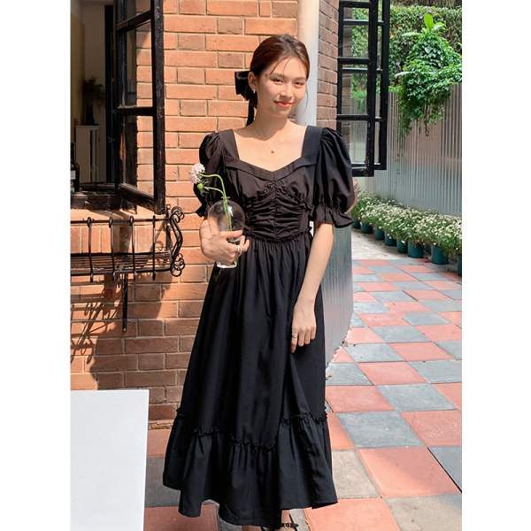 RM14654#夏季新款法式优雅方领纯色褶皱裙子短袖连衣裙