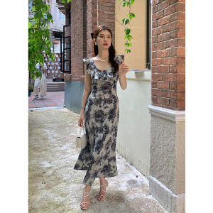 RM14656#夏季新款法式优雅方领印花长款裙子雪纺碎花连衣裙