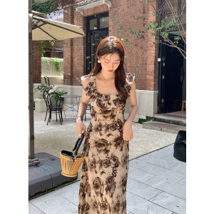 RM14656#夏季新款法式优雅方领印花长款裙子雪纺碎花连衣裙