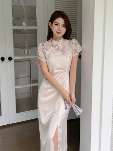 RM18873#夏季新款中国风短袖旗袍罩衫+缎面吊带连衣裙两件套装