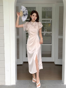 RM18873#夏季新款中国风短袖旗袍罩衫+缎面吊带连衣裙两件套装