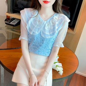 TR31003# 夏季新款韩版设计感蕾丝雪纺衫减龄娃娃领花朵钉珠上衣女 服装批发女装批发服饰货源