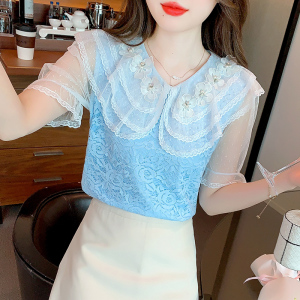 TR31003# 夏季新款韩版设计感蕾丝雪纺衫减龄娃娃领花朵钉珠上衣女 服装批发女装批发服饰货源
