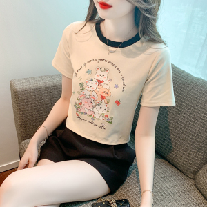 RM12974#夏季新款女士撞色小印花短T恤修身圆领纯棉短袖上衣