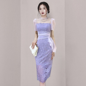 RM22424#夏季气质网纱温柔风紫色包臀设计感修身显瘦蕾丝连衣裙