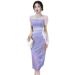 RM22424#夏季气质网纱温柔风紫色包臀设计感修身显瘦蕾丝连衣裙
