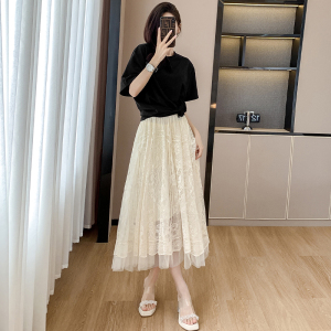 TR37440# 夏新款韩系显瘦别致蕾丝半身裙a字裙开叉短袖T恤两件套装 服装批发女装批发服饰货源