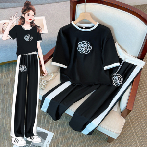RM15553#夏季新款设计感时尚茶花刺绣休闲上衣直筒裤大码两件套女