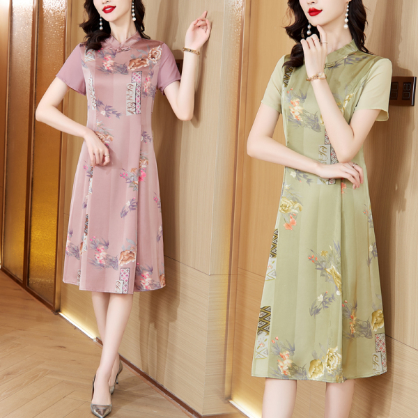 RM13050#新款夏款中式旗袍连衣裙40岁50女装时尚气质短袖夏季裙子