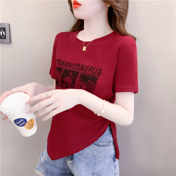 RM13070#夏新款下摆开叉短袖t恤女休闲艺术绘画印花独特别致上衣