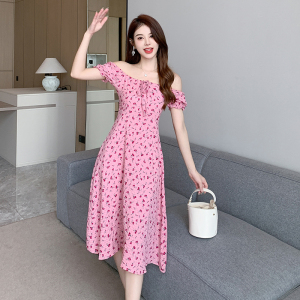 RM15169#夏季新款粉色玫瑰碎花吊带连衣裙女装收腰短袖长裙子