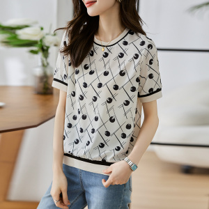RM15366#圆领上衣女短袖2023夏季新款显瘦高端印花气质半袖T恤
