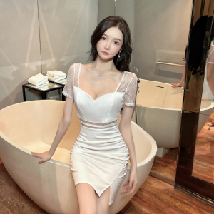 Mesh splicing short sleeved buttocks wrapped dress hotel foot bath work clothes