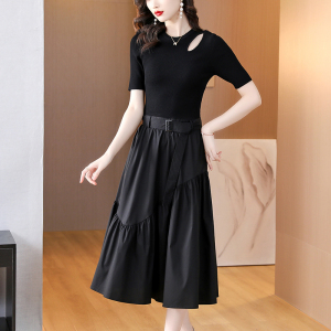 RM13077#法式黑色短袖连衣裙女2023夏季新款中长款针织拼接收腰裙子