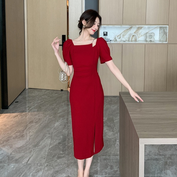 RM13285#夏季新款方领高级感开叉连衣裙法式修身高腰显瘦气质长裙