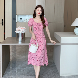 RM15169#夏季新款粉色玫瑰碎花吊带连衣裙女装收腰短袖长裙子