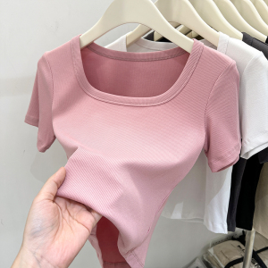 RM12945#粉色螺纹短袖t恤女夏季新款高级感纯欲锁骨方领修身短款上衣女潮