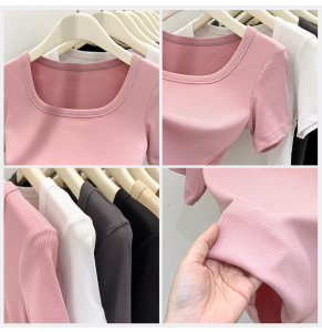 RM12945#粉色螺纹短袖t恤女夏季新款高级感纯欲锁骨方领修身短款上衣女潮
