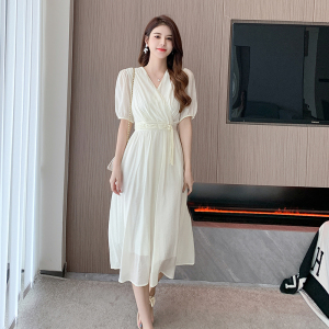 RM15170#夏新款韩版收腰盘扣法式天丝V领连衣裙女高级感国风长裙