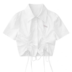 RM12992#夏季绑带设计感白色衬衫短袖女甜酷学院风修身百搭短款上衣