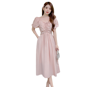 RM17504#新款短袖泡泡袖系带甜美淑女粉色连衣裙中长裙
