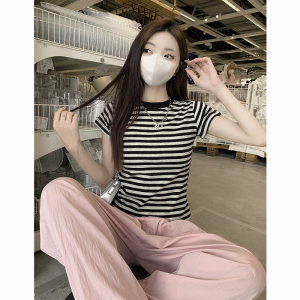 RM15455#夏季韩版百搭条纹T恤女2023新款修身撞色短款设计感上衣