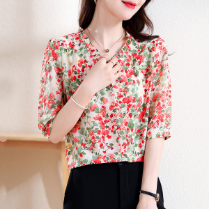 TR41439# 法式时尚减龄荷叶边桑蚕丝短袖上衣夏别致漂亮遮肚子雪纺小衫 服装批发女装批发服饰货源