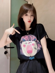 RM13505#百搭显瘦宽松减龄短袖上衣韩版卡通大脸娃娃印花针织t恤